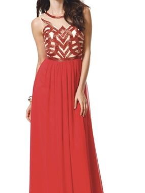 Red Sequin Bodice Maxi Dress with Chiffon Skirt, Brand Colors Dresses.